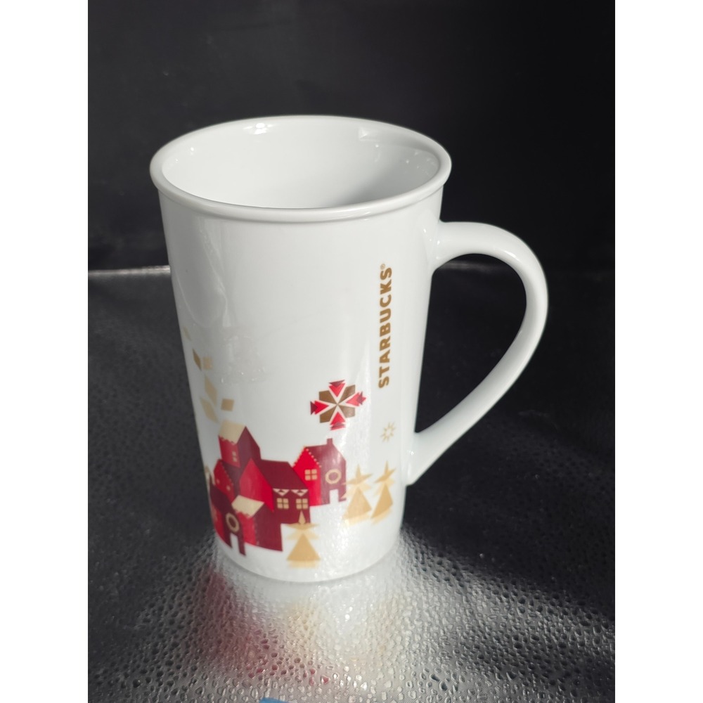 Starbucks Mug 22 oz Ceramic Tall Latte Christmas Red Village White Gold Coffee
